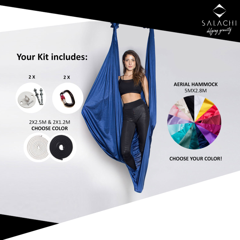 Kit Αιώρας Για Aerial Yoga Με Καραμπίνερ Ασφαλείας Αλουμινίου Salachi, Βάσεις Στήριξης & Σχοινιά ΑΝΘΡΑΚΙ (5m)