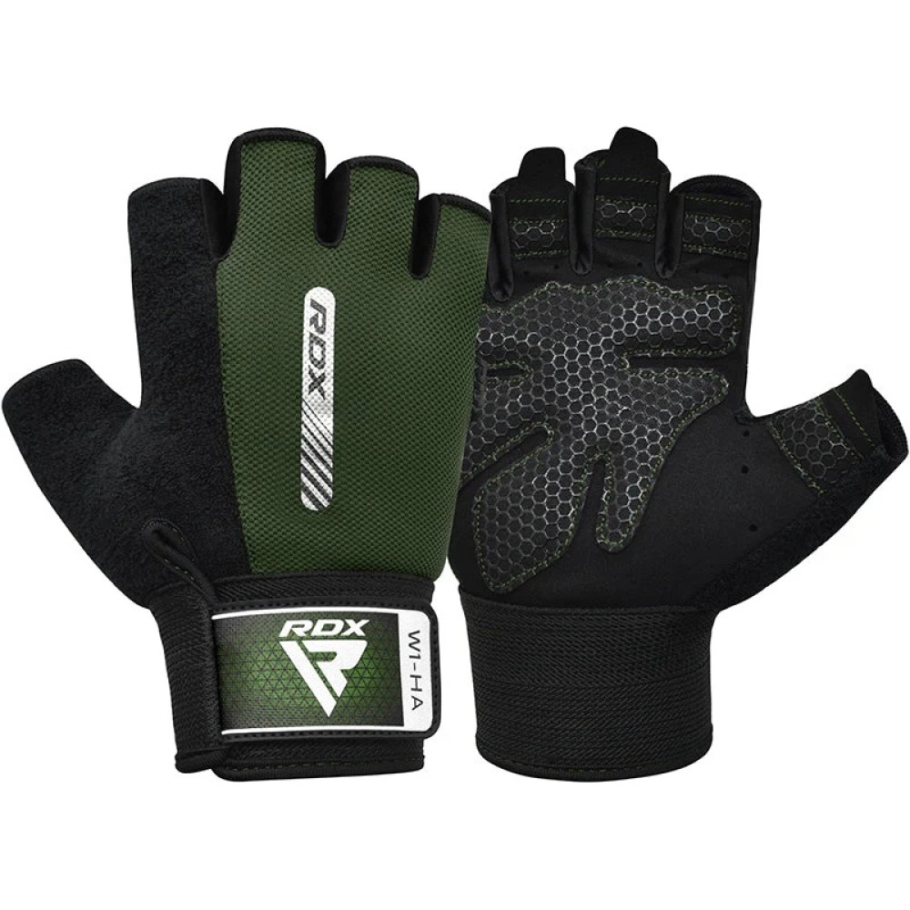 GYM WEIGHT LIFTING GLOVES W1 HALF ARMY GREEN-L